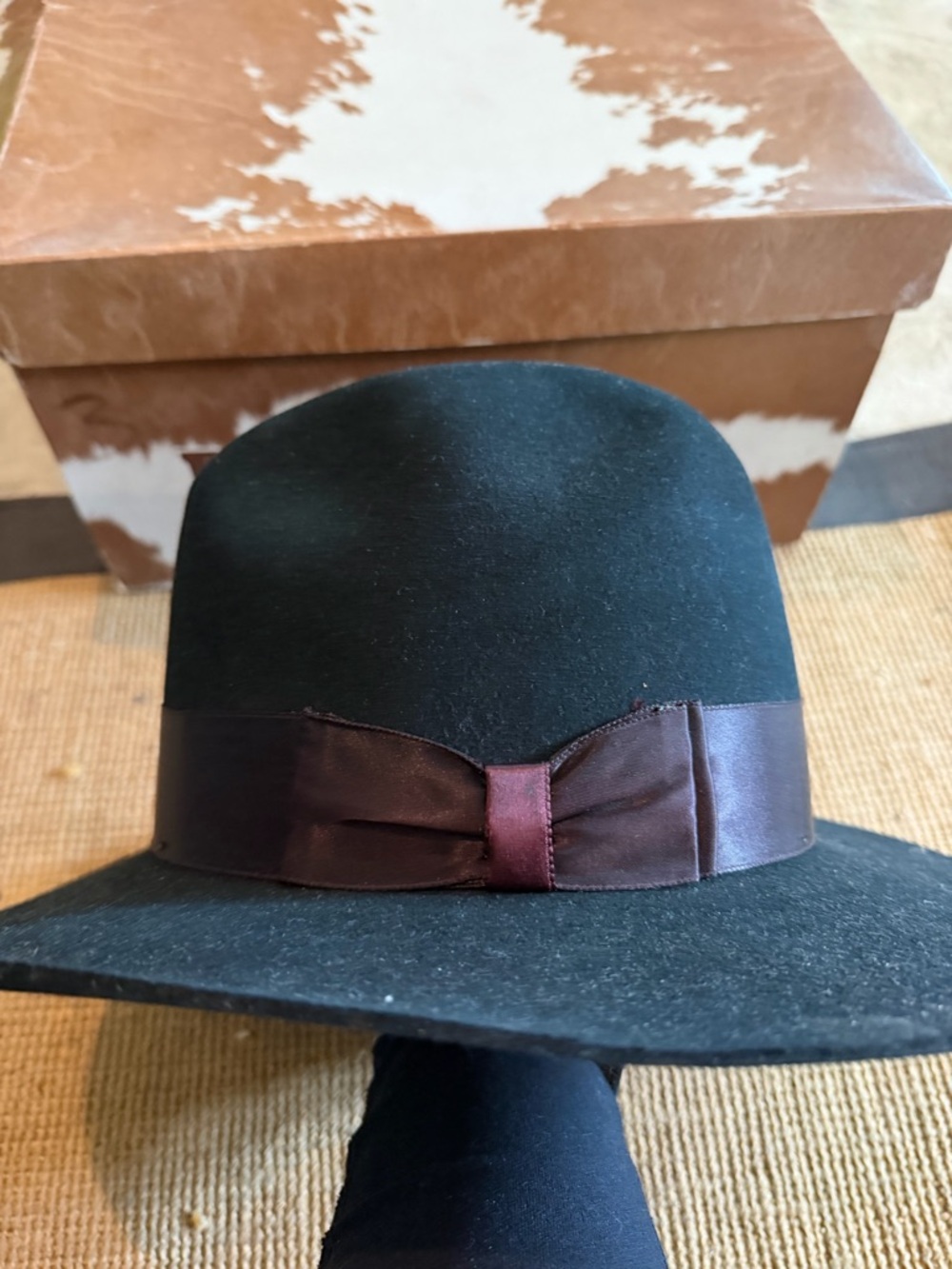 Women's Black Wool Felt Fedora with Brown Ribbon Accent